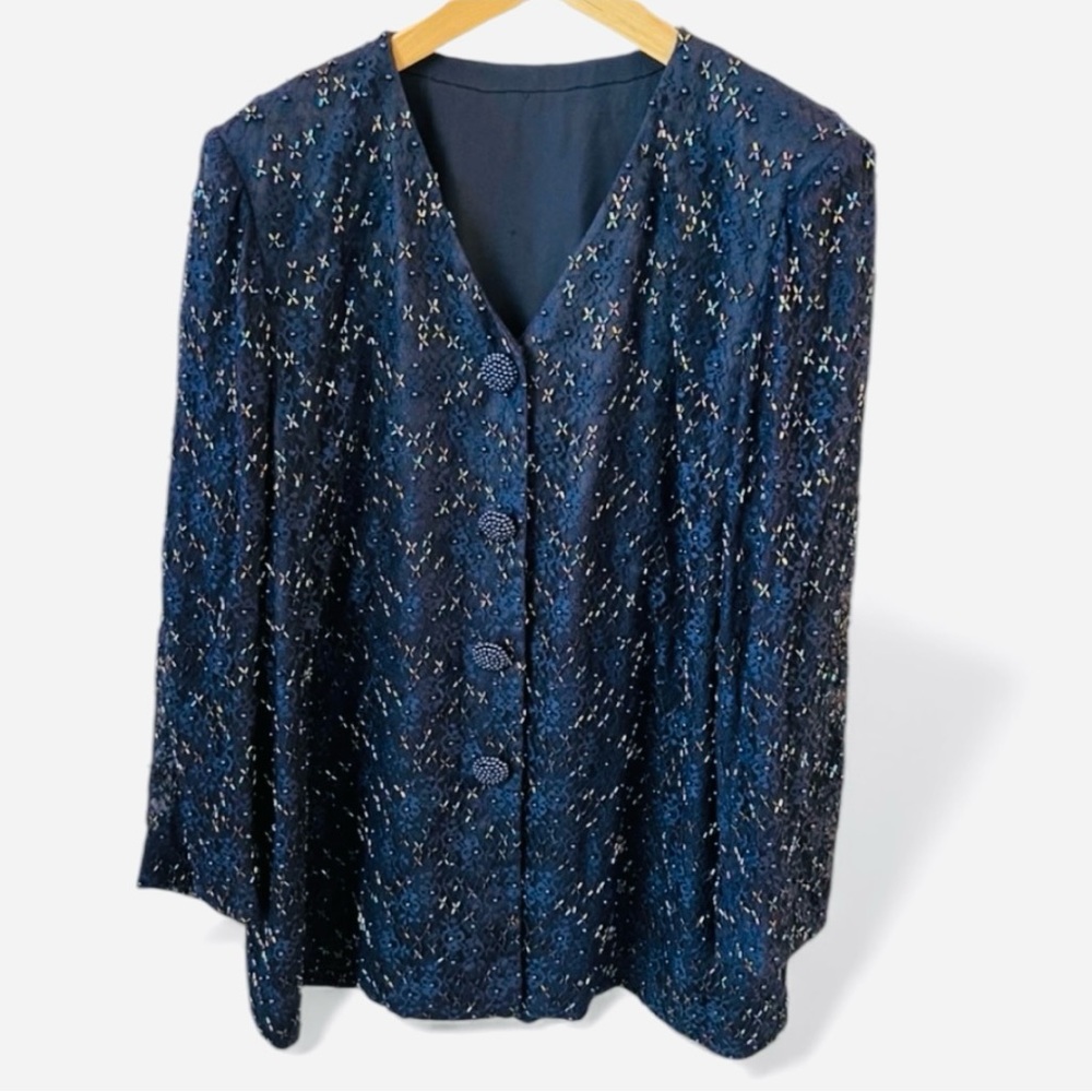 Vintage Beaded Navy Blazer Jacket MOB/MOG Wedding Prom Formal Layer Lace